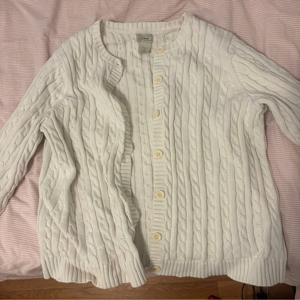 LL Bean white cable cardigan